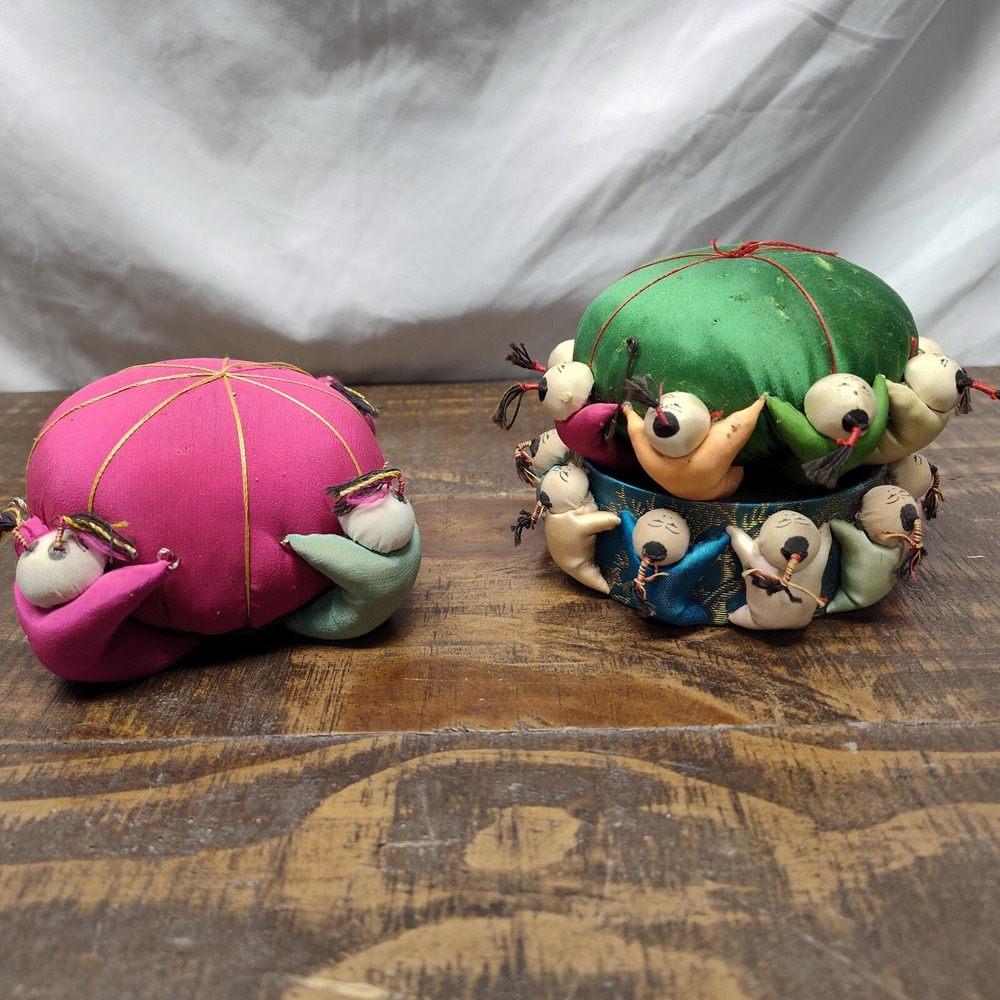 Oriental pin cushions sewing box satin